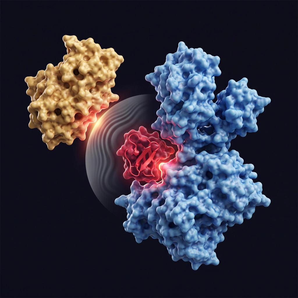 Structural render of a de novo minibinder engaging a flat kinase-effector interface